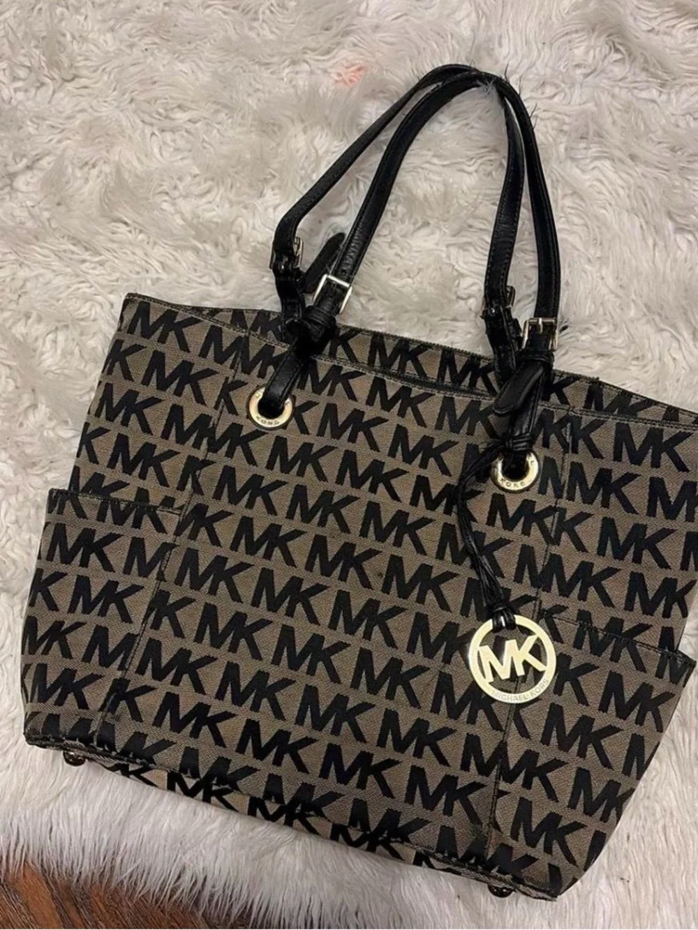 Michael Kors Brown and Black MK Logo Tote with Gold Charm - Picture 1 of 2
